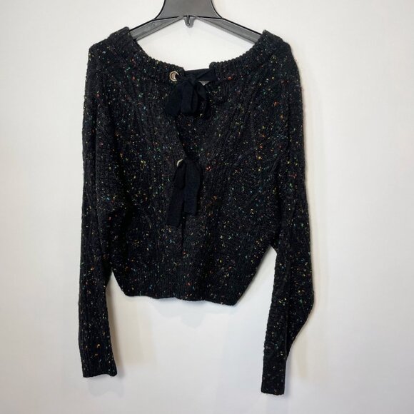 John + Jenn Black Cropped Knit Cardigan Sweater M V-Neck Tie Back Relaxed Fit - Picture 2 of 7